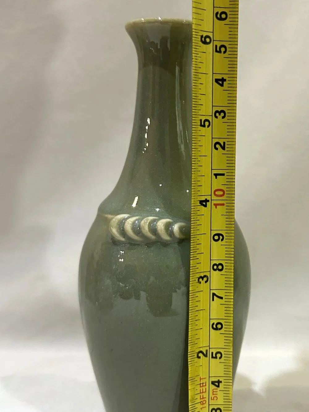 VTG Hand Crafted Celadon Pottery Bud Vase 5 inch Tall Signed